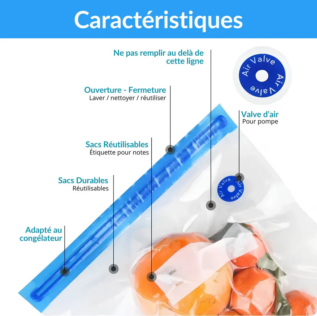 Sacs de Mise sous Vide Alimentaires Réutilisables (Lot de 10)
